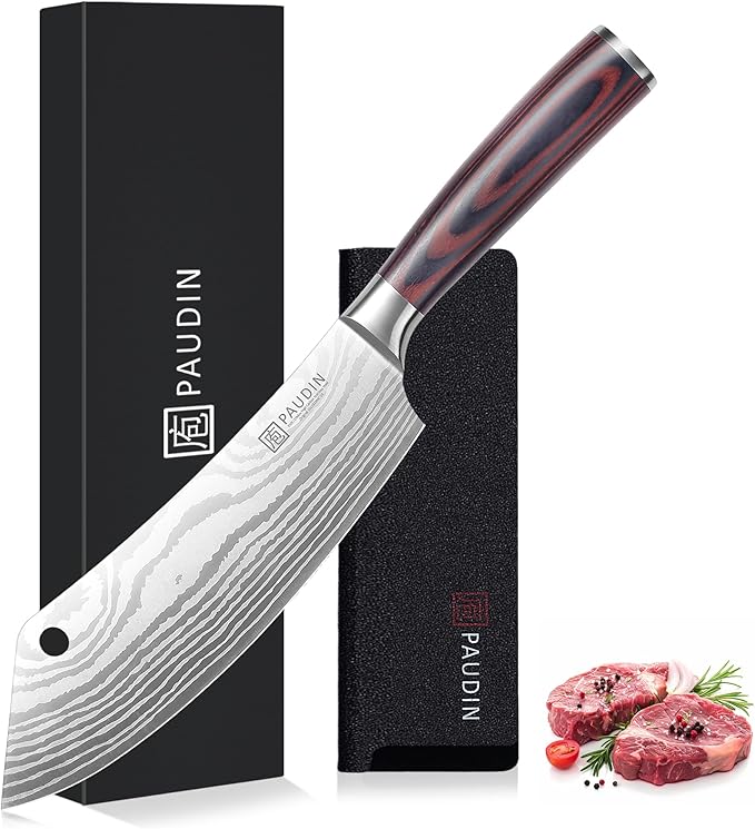 PAUDIN Meat Cleaver 8 Inch Butcher Knife, High Carbon Stainless Steel Cleaver Chef Knife, Sharp Kitchen Knife Heavy Duty Meat Cutting Knife, Wood Handle
