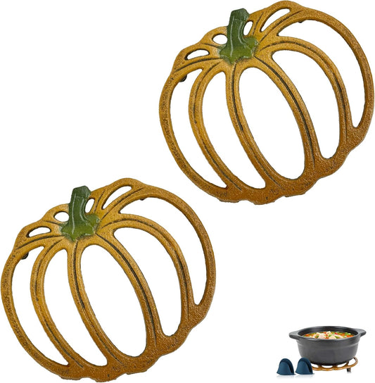 2 Pack Cast Iron Trivet, 7 inch Pumpkin Metal Trivet for Hot Dishes, Heat-Resistant Decorative Trivets for Kitchen and Dining Countertop Protection