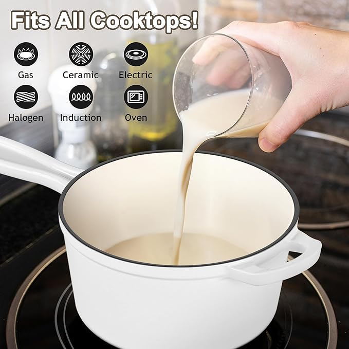 Enameled Cast Iron Sauce Pan with Lid, Leonyo 2 Quart Saucepan with Lid, Heavy Duty Cast Iron Pot Dutch Oven Kitchen Cookware for All Cooktops Making Pasta, Milk, Egg- Up to 500°F & 6.7Lbs, White