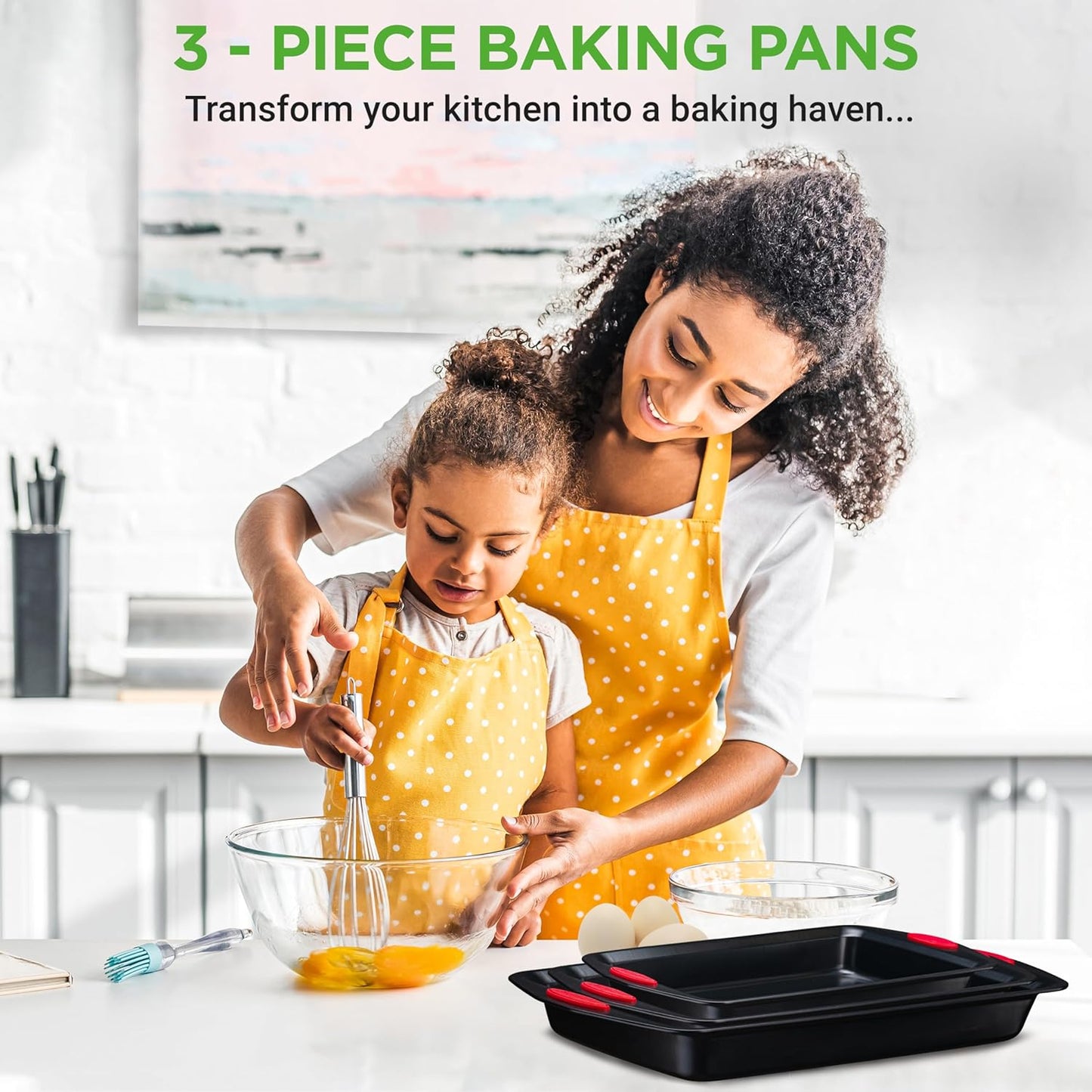 NutriChef 3-Piece Baking Pan Set - Premium Nonstick Carbon Steel Bakeware w/ Silicone Handles - Includes Large, Medium, & Small Pans for Baking & Roasting - PFOA, PFOS, PTFE Free - Black