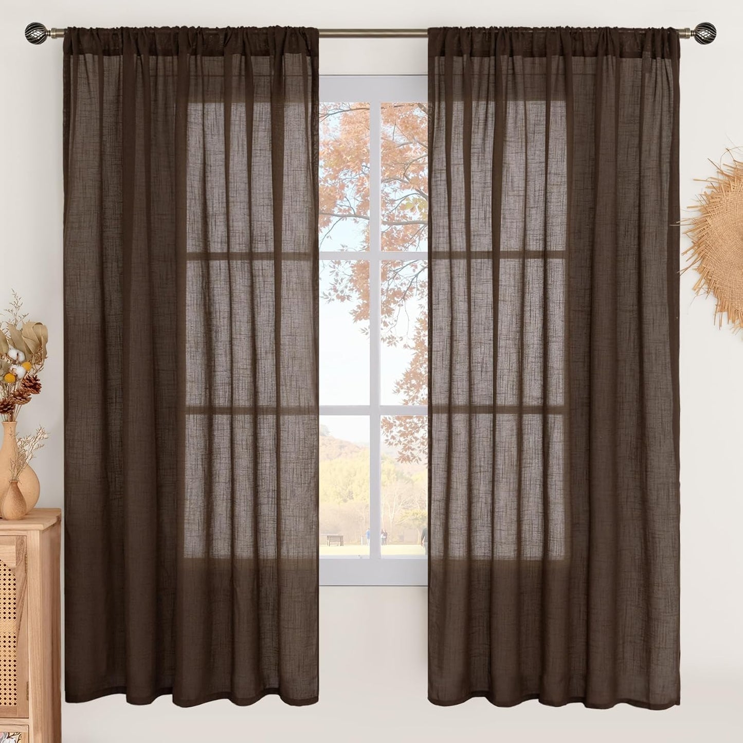 BGment Brown Linen Curtains 72 Inches Long for Living Room, Window Drapes Rustic Textured Semi Sheer for Farmhouse Beroom Dining Room Decor Rod Pocket Lightweight, 2 Panels Set, Each 52 Inch Wide