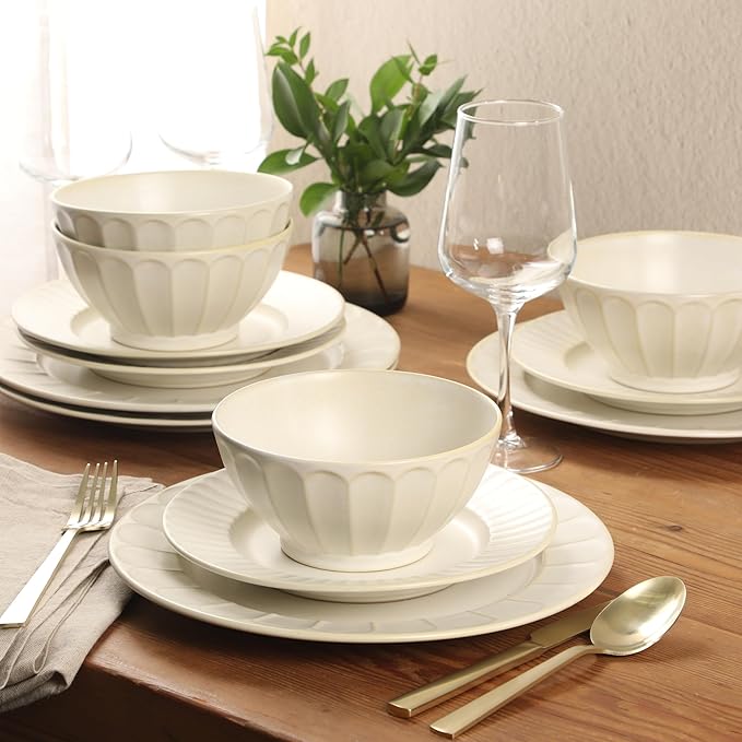 Gibson Elite Winchester Way 12-Piece Embossed Stoneware Dinnerware Set – Reactive Matte Glaze, Durable Lightweight-Tech Plates & Bowls, Everyday Dish Set, Microwave & Dishwasher Safe – Off-White
