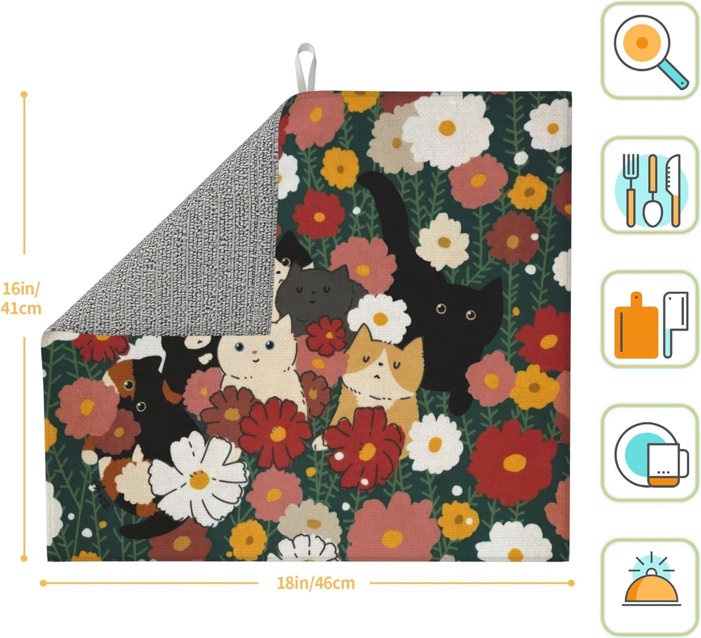 Cute Cat Flowers Dish Drying Mat 16x18 Inch, Microfiber Absorbent Fast Dry Mat Colorful Floral Large Dish Mat Drying Kitchen Mat, Kitchen Drying Pad for Kitchen Counter Coffee Bar Decor Gifts