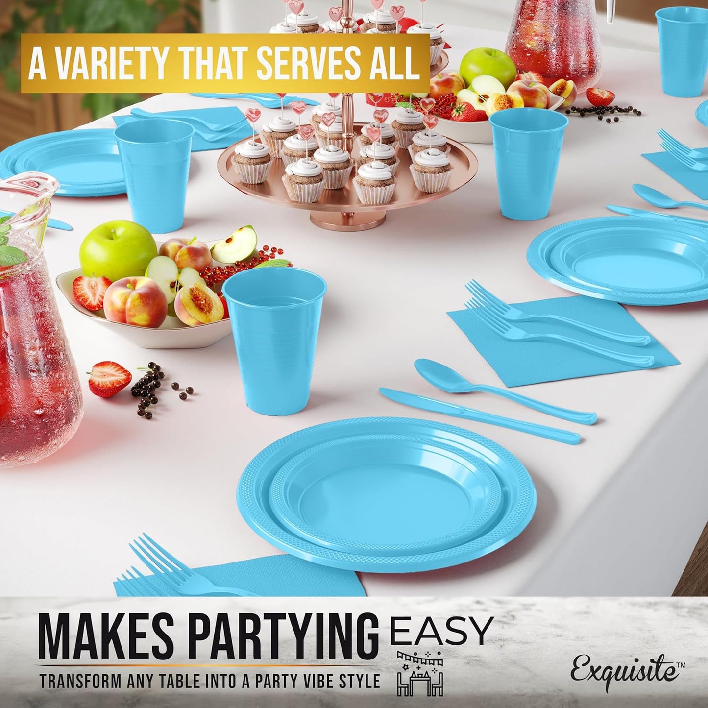 Party Solids 350 Pieces Light Blue Plastic Plates For Party, Light Blue Disposable Plates Set, 50 Of Each 9" Dinner Plate Set, 7" Dessert Plate, Cups, Napkins & Cutlery Plastic Dinnerware