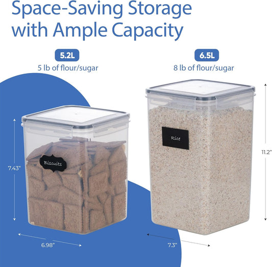 Chef's Path Large Airtight Food Storage Containers with Lids, Pack of 6, 3pcs 6.5L and 3pcs 5.2L, Kitchen and Pantry Canisters for Sugar, Flour, and Baking Supplies - Transparent