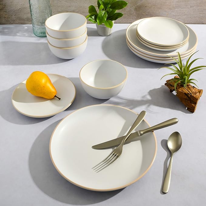 Gibson Home Rockaway 12-Piece Round Stoneware Dinnerware Set, Service for 4 – White Plates and Bowls, Modern Matte Finish, Microwave & Dishwasher Safe