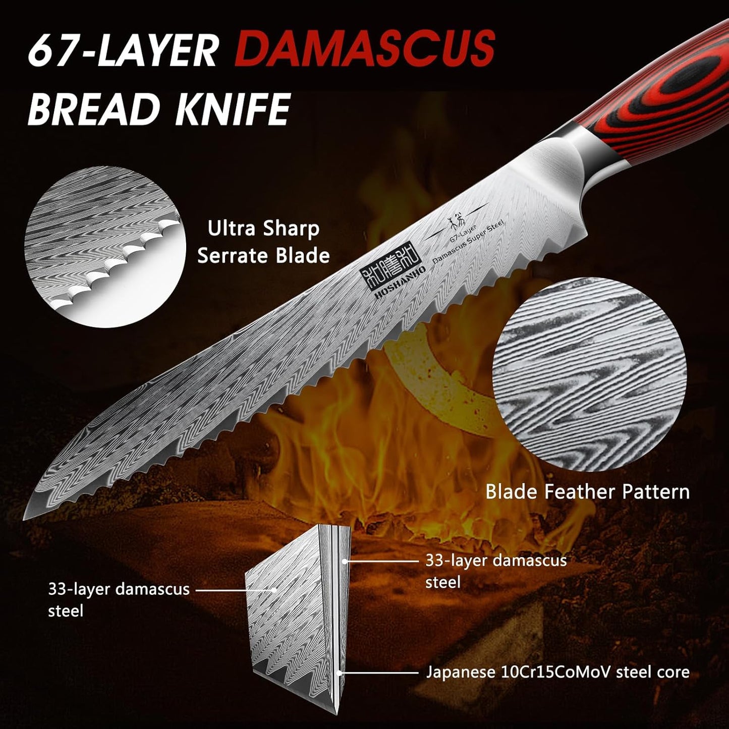 HOSHANHO Bread Knife,8 Inch Serrated Bread Knife Ultra Sharp Damascus Steel Bread Kitchen Knife, Professional Bread Knife for Homemade Bread