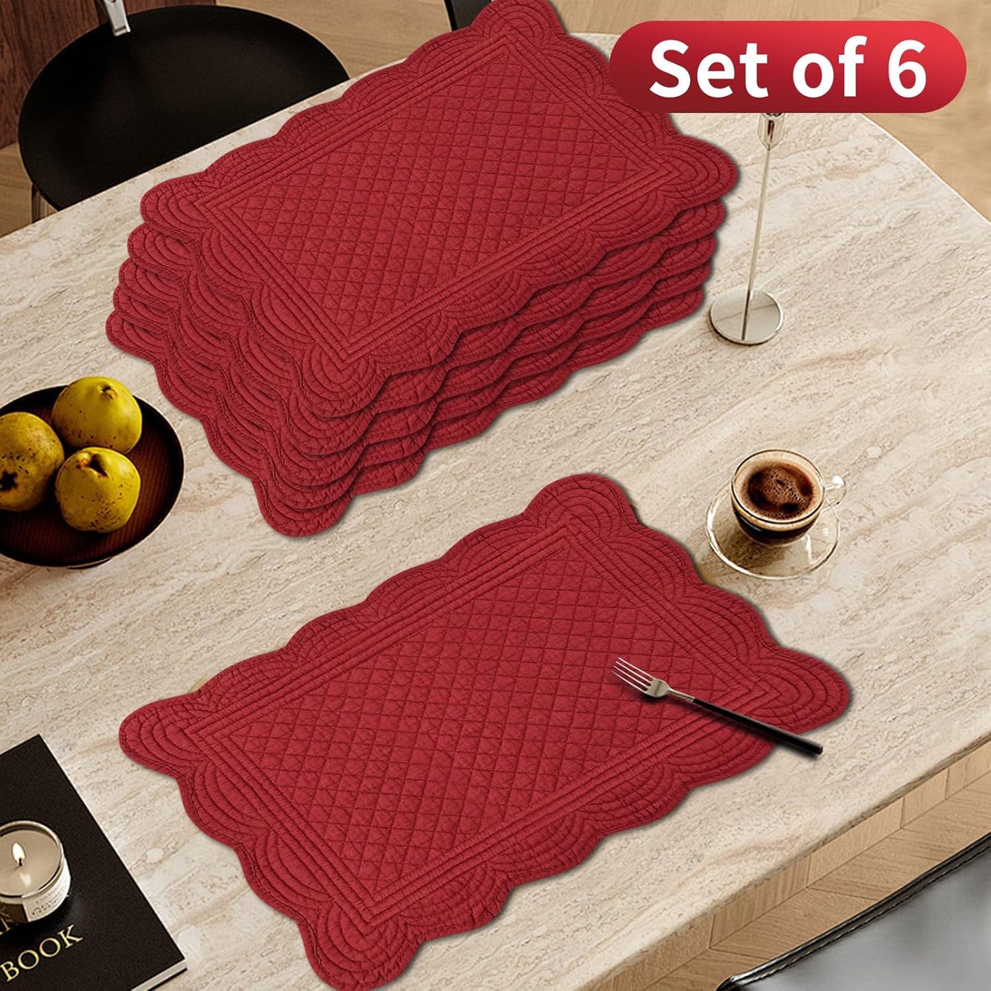 6 PC Quilted Placemats, 18"X13"Extra Large Cotton Placemats Set of 6, 100% Cotton Fabric Washable Cloth Table Mats for Kitchen & Dining Table - Soft &Easy Clean(Red, Rectangular)