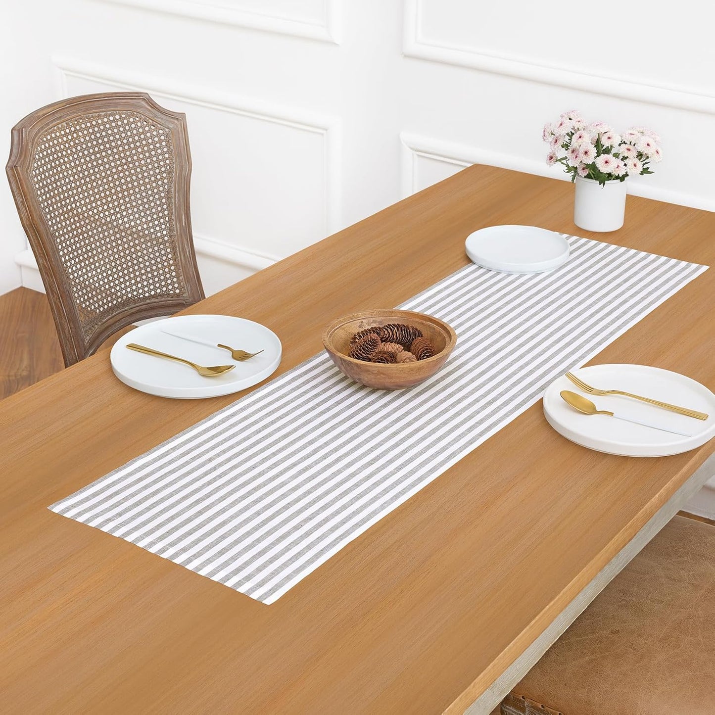 Solino Home Table Runner 48 Inches - Amalfi Stripe 100% Pure Linen Grey and White Table Runner 14 x 48 Inch Ideal for Dresser and Coffee Tables - Fall, Autumn, Halloween