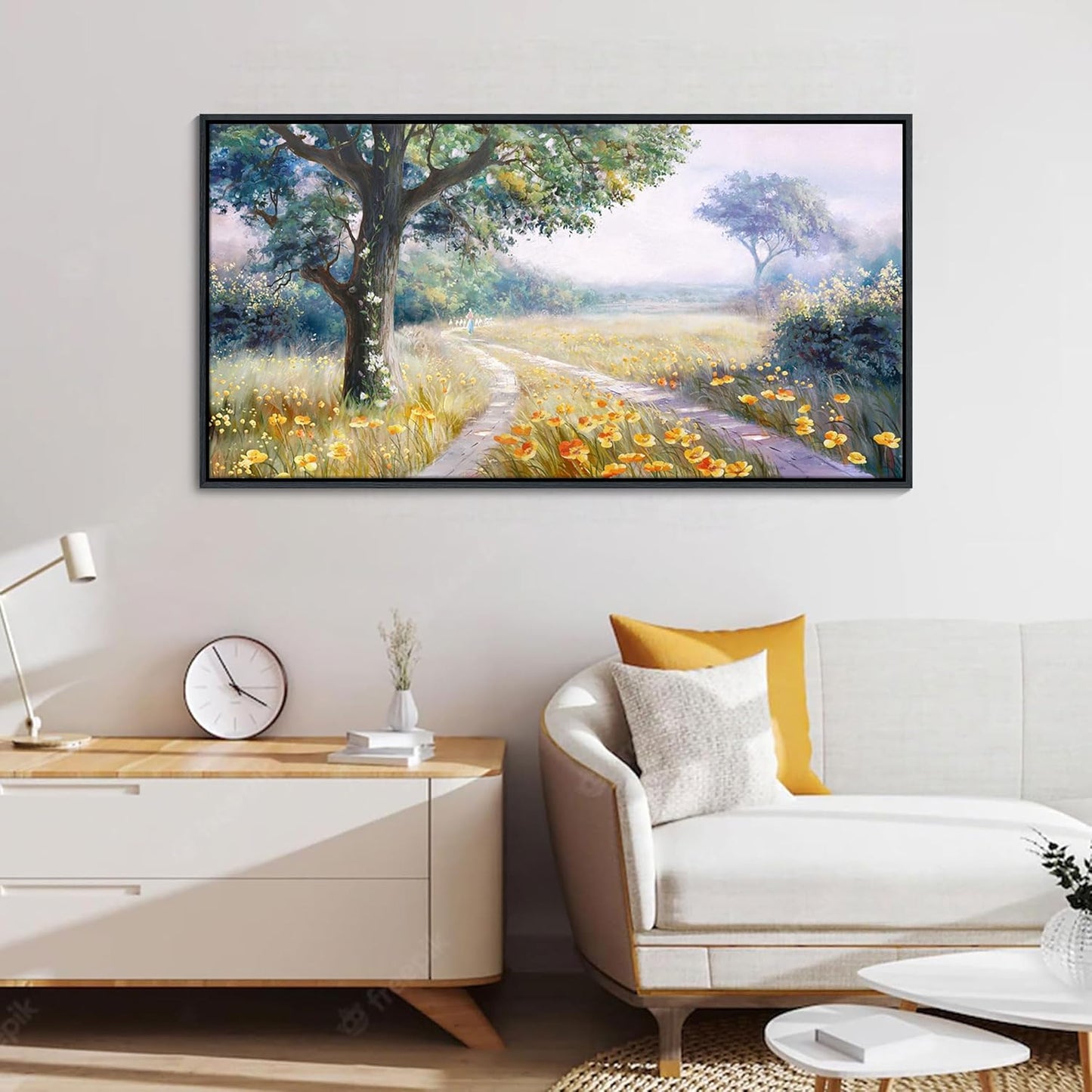 CHATYOUNG Framed Wall Art Vintage, Country Road Yellow Flowers Misty Landscape Painting Poster Prints Wildflowers Wall Pictures for Living Room Bedroom Bathroom Farmhouse Wall Decor 20"X40"