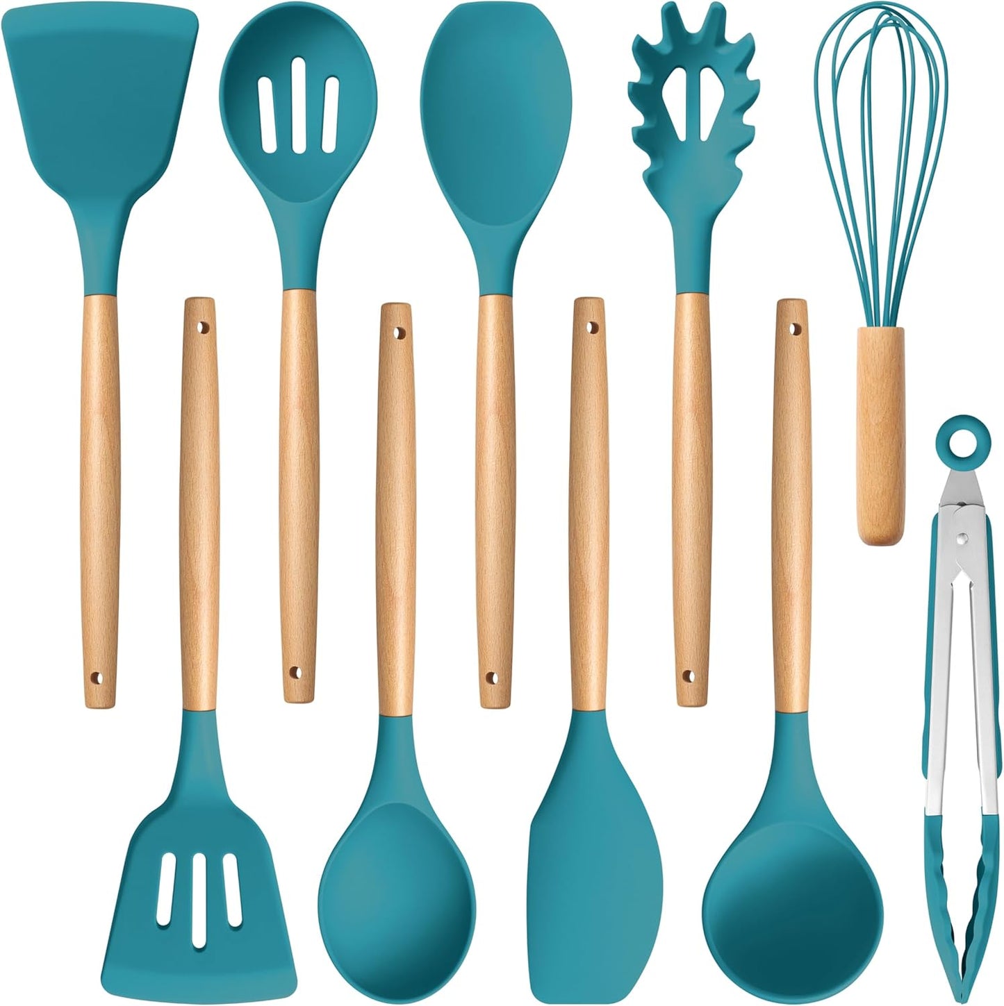E-far Blue Silicone Cooking Utensils Set, 10-Piece Kitchen Utensils Set with Wooden Handle for Nonstick Cookware, Heat Resistant Kitchen Nonstick Tools Spatula Whisk Tongs Ladle, Non-toxic & Healthy