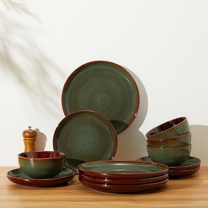 Plates and Bowls Sets for 8, 24 Piece Dinnerware Set for Large Families & Entertaining, Elegant Design, Dishwasher & Microwave Safe, Chip Resistant and Durable, Sage Green