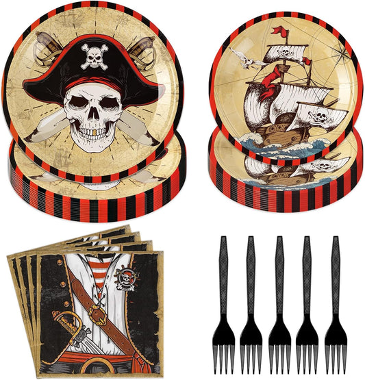 96 Pcs Pirate Party Supplies Pirate Plates Napkins Forks Disposable Halloween Tableware Set for Adult Teen Children Birthday pirate party Favors Treasure Theme Halloween Party Decorations Serves 24