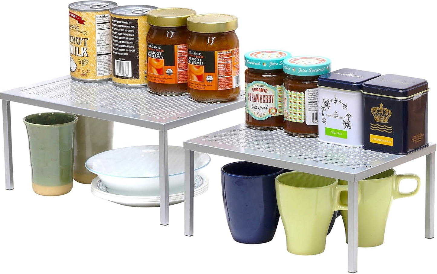 Simple Houseware Metal Top Expandable Stackable Kitchen Cabinet and Counter Shelf Organizer, Silver