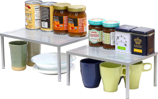 Simple Houseware Metal Top Expandable Stackable Kitchen Cabinet and Counter Shelf Organizer, Silver