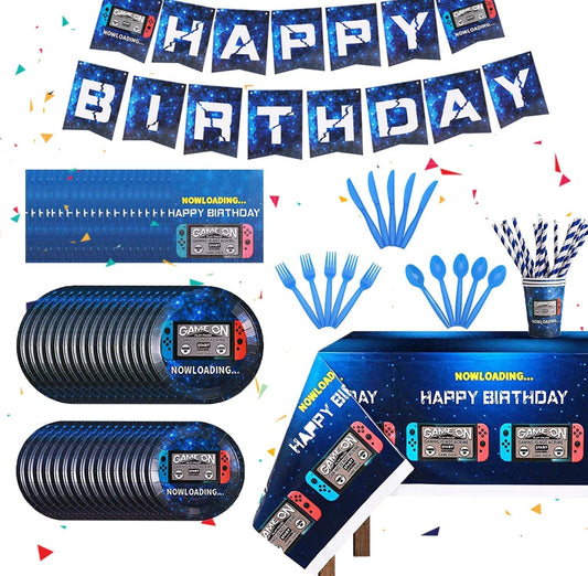 162CT Video Game Party SuppliesTableware Kit - Blue, Serves 20 Guests - Includes Happy Birthday Banner, Plates, Cups, Straws, Napkins, Utensils, Table Cover for Video Game Themed Birthday Parties