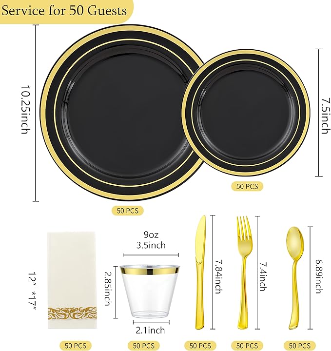 350 PCS Black and Gold Dinnerware Set for 50 Guests, Black Disposable Plates with Gold Rim for Party Wedding-50 Dinner Plates, Dessert Plates, Silverware Set,Napkins and Cups