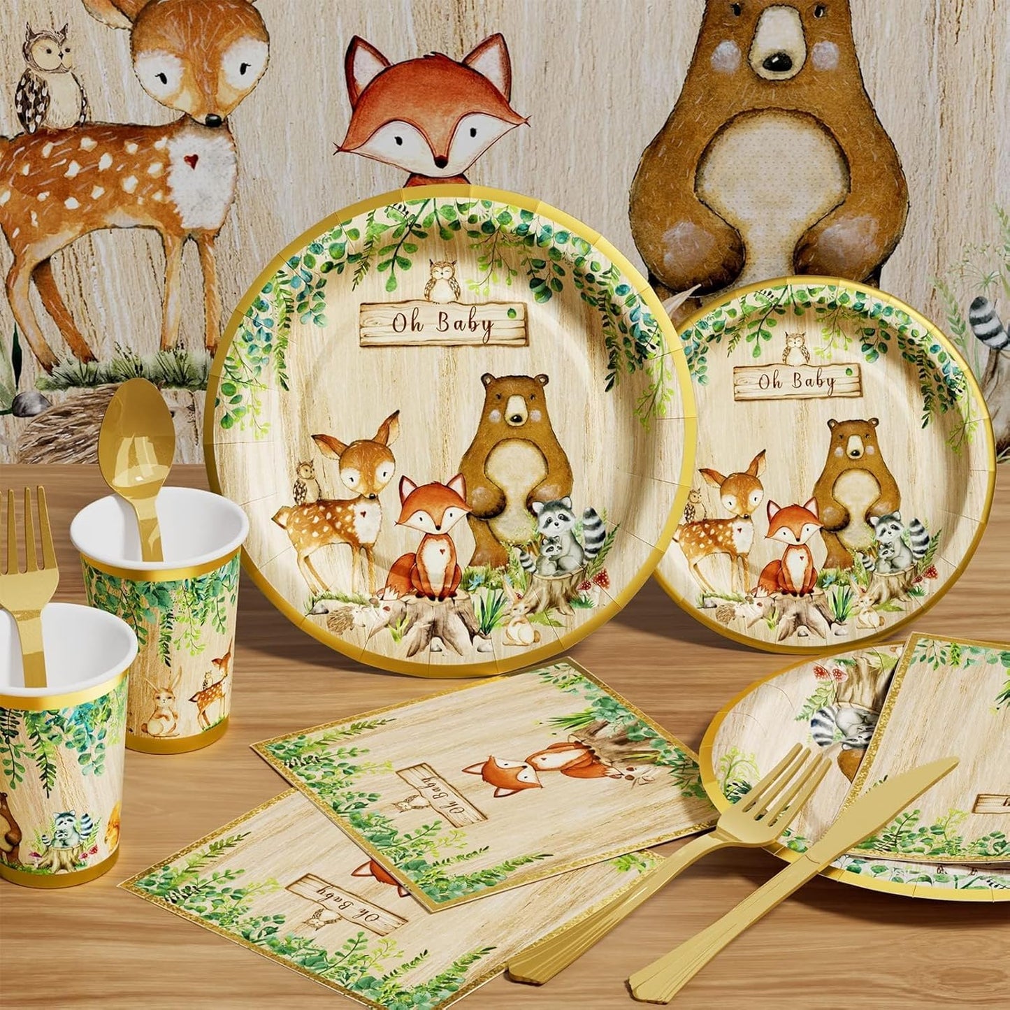 Ecomore Woodland Baby Shower Decorations Supplies - 175PCS Forest Animal Disposable Dinnerware Set (25 Guest) With Gold Paper Plates Cups Napkins Plastic Fork Knives Spoon for Baby Boy Birthday Party