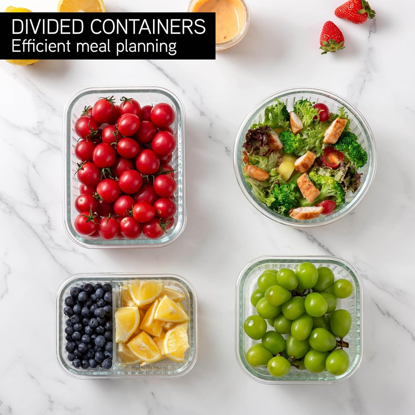 COOK WITH COLOR Premium 32-Pc. Borosilicate Glass Food Container Set with Dividers - 4 Rectangles, 8 Rounds, 4 Squares - Leakproof Lids - Meal Prep, Storage, Fluted Ombre Black