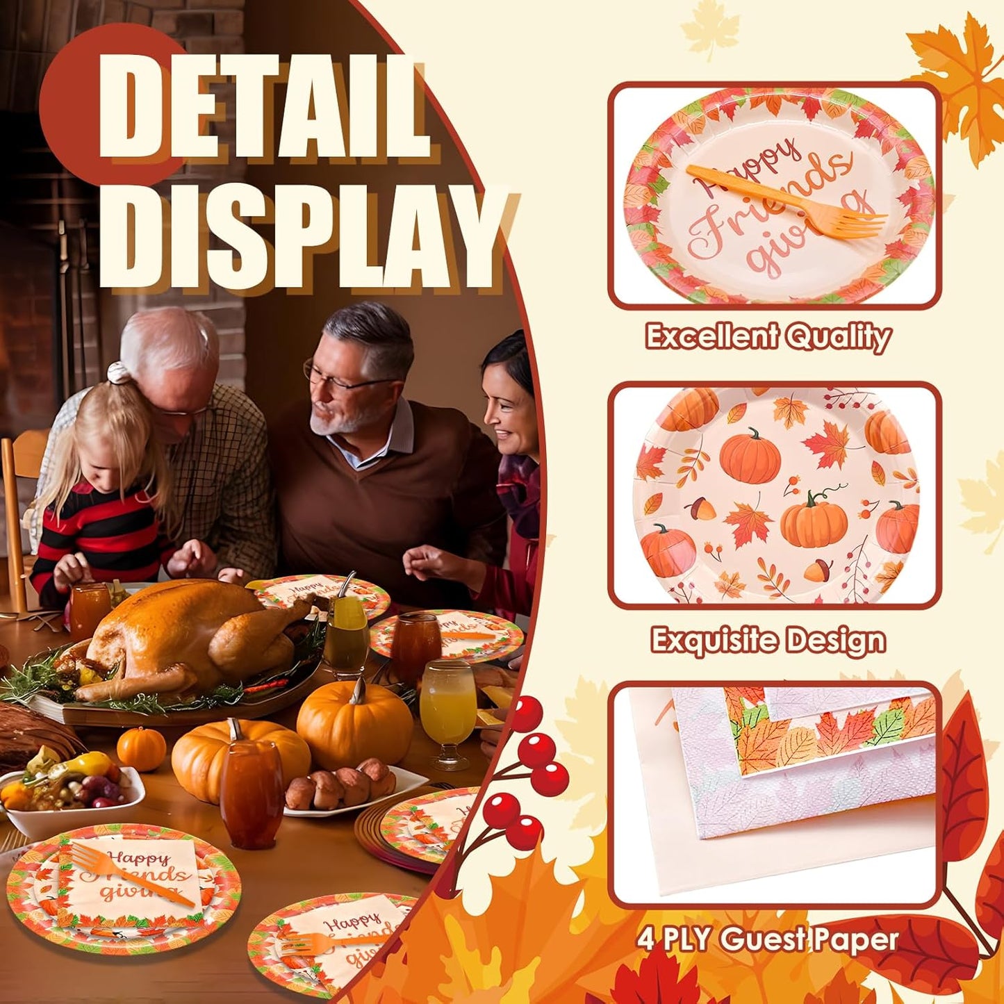96 Pieces Happy Friendsgiving Tableware Set Party Supplies - Fall Thanksgiving Pattern Disposable Dinnerware with Paper Plates, Napkins, Forks for Autumn Harvest, Friendsgiving Dinner BBQ Picnic