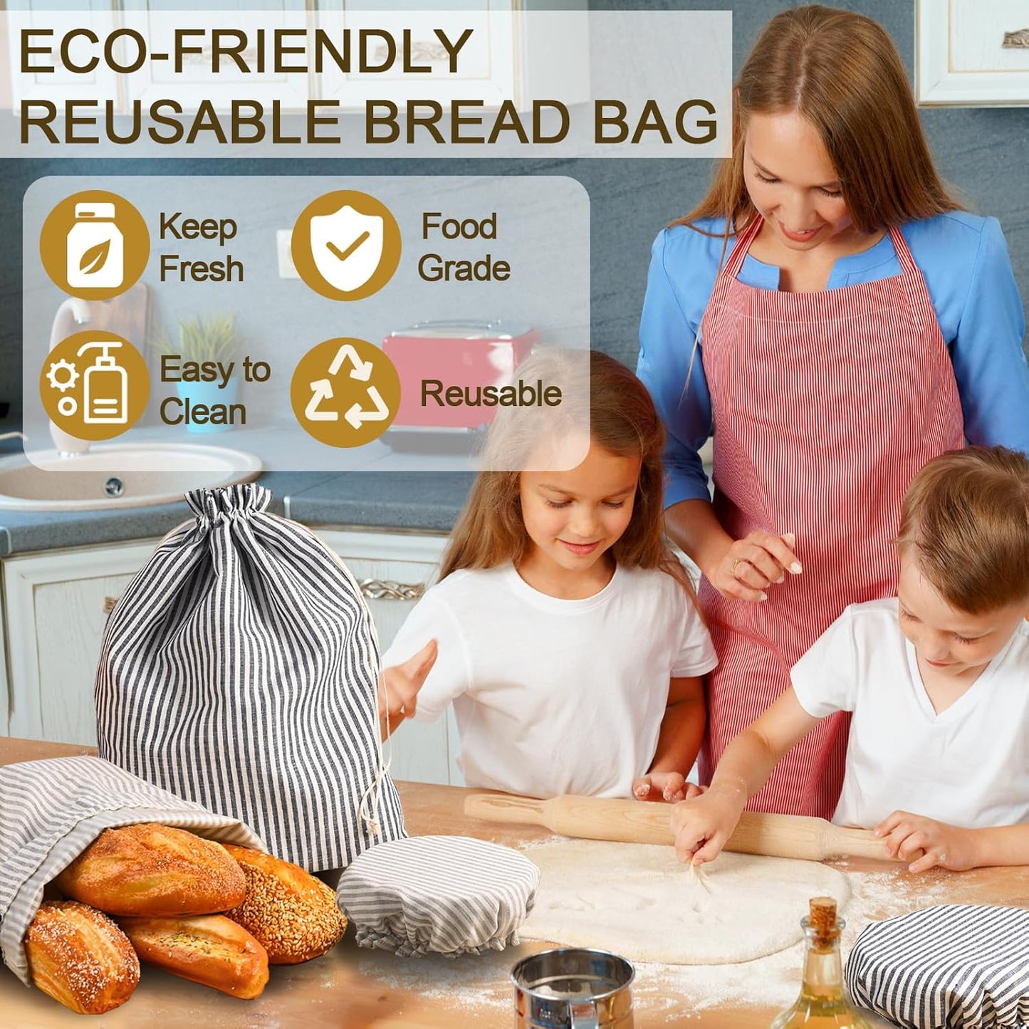 2 Pack Reusable Linen Bread Bags with Bowl Cover - Sourdough, Beeswax, Round Bread & More