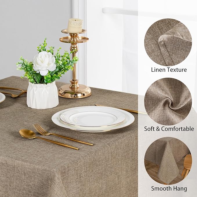 JIUZHEN 2 Pack Faux Linen Farmhouse Tablecloth Rectangular, Wrinkle Stain Resistant Table Cloth Rectangle Table Cover for Kitchen Dining, Khaki, 52 x 70 Inch