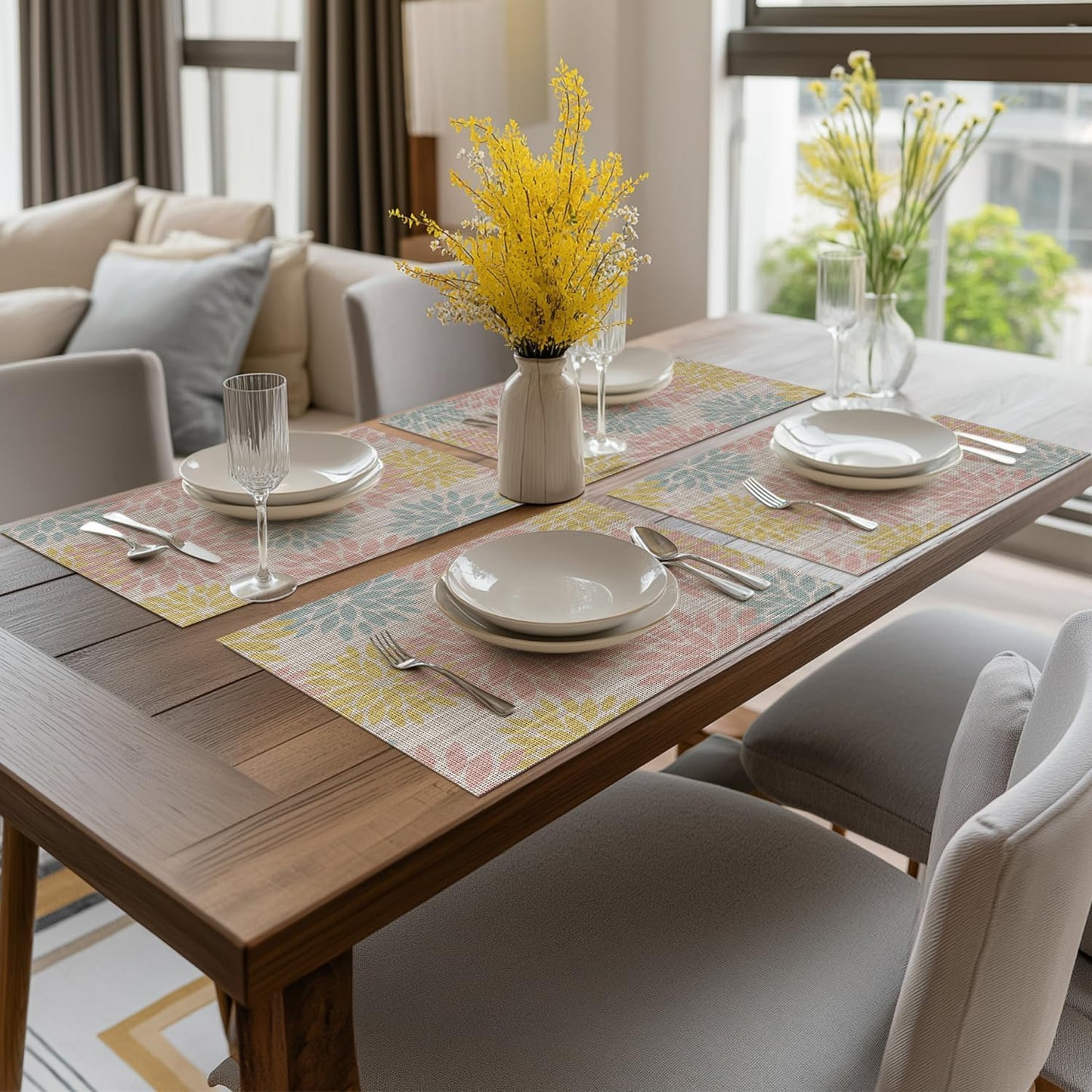 Artoid Mode Floral Vinyl Placemats Set of 4, 12x18 Inch Heat Resistant Washable Non-Slip Plistic PVC Place Mats for Party Kitchen Dining Decor, Pink Blue