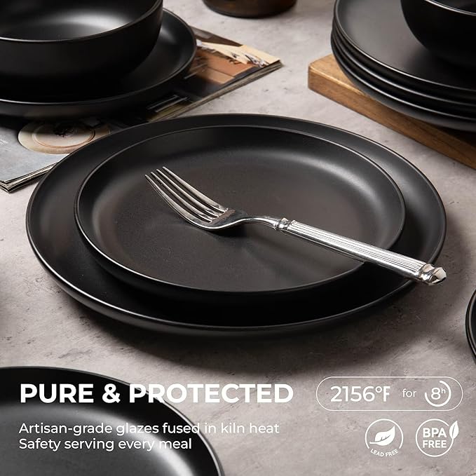 12-Piece Matte Black Dinnerware Set,Stoneware Dinnerware for 3, Microwave & Dishwasher Safe, Stackable Design for Kitchen and Dining - Plates,Bowls and Mugs