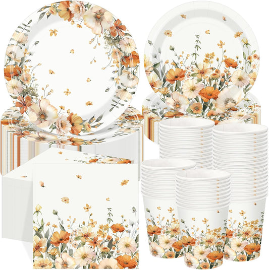 250 Pcs Fall Floral Party Decorations Include Autumn Flowers Paper Plates Napkins and Cups for Autumn Wedding Baby Shower Birthday Party Decorations, Serve 50 Guest