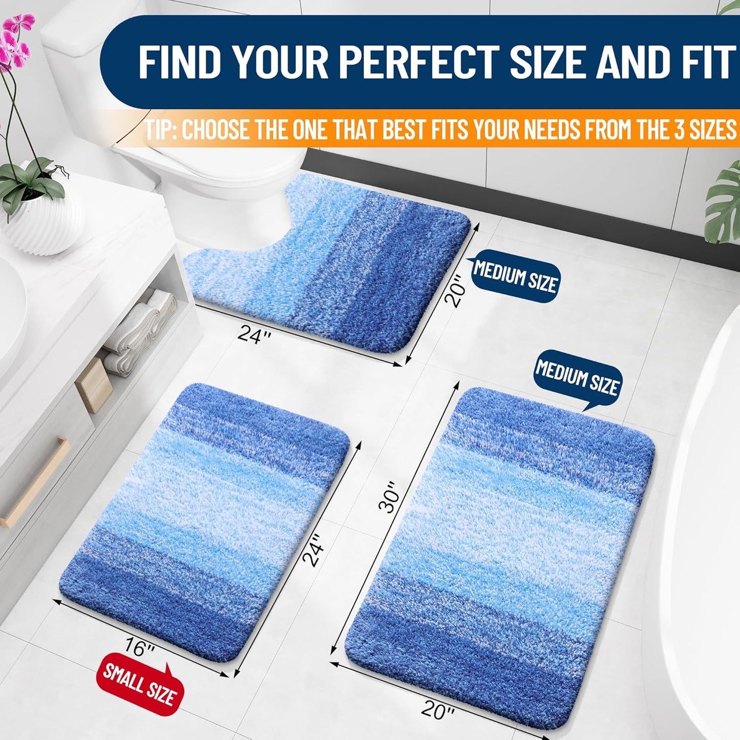OLANLY Bathroom Rug Set 2 Piece, Soft Absorbent Microfiber Bath Mats and U-Shaped Contour Toilet Rug, Non-Slip, Machine Wash Dry, Shaggy Bath Mats for Bathroom (30"x20"+24"x20", Light Royal Blue)