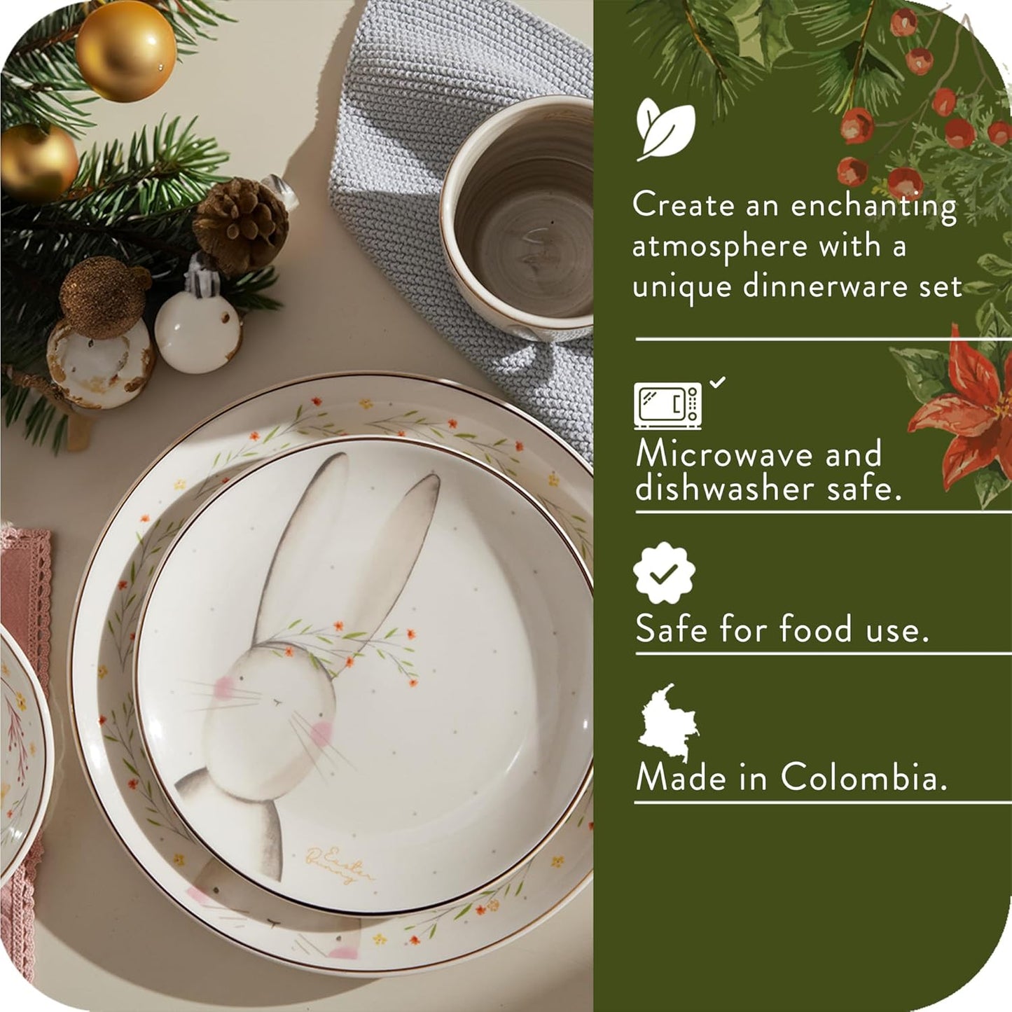 Corona 12-piece thematic and modern Ceramic Dinnerware Sets | Plates and Bowls | Service For 4 | Blossom Bunny chritmas