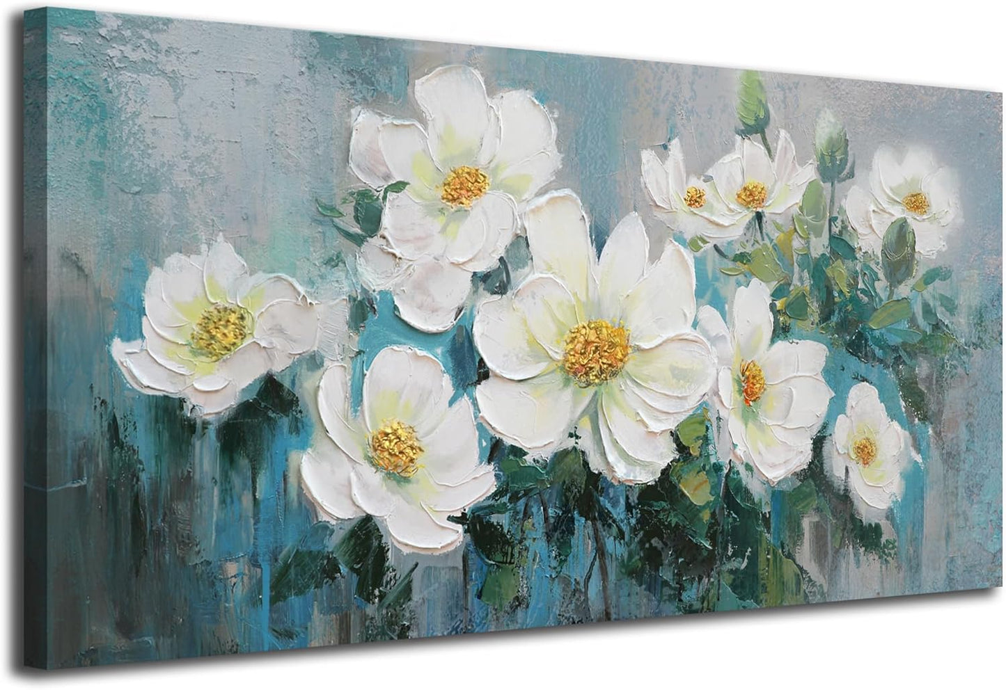Ardemy White Floral Canvas Wall Art Extra Large Teal Textured Pictures Wall Decor Turquoise Paintings Artwork for Living Room Bedroom Home Office, 58"x29"