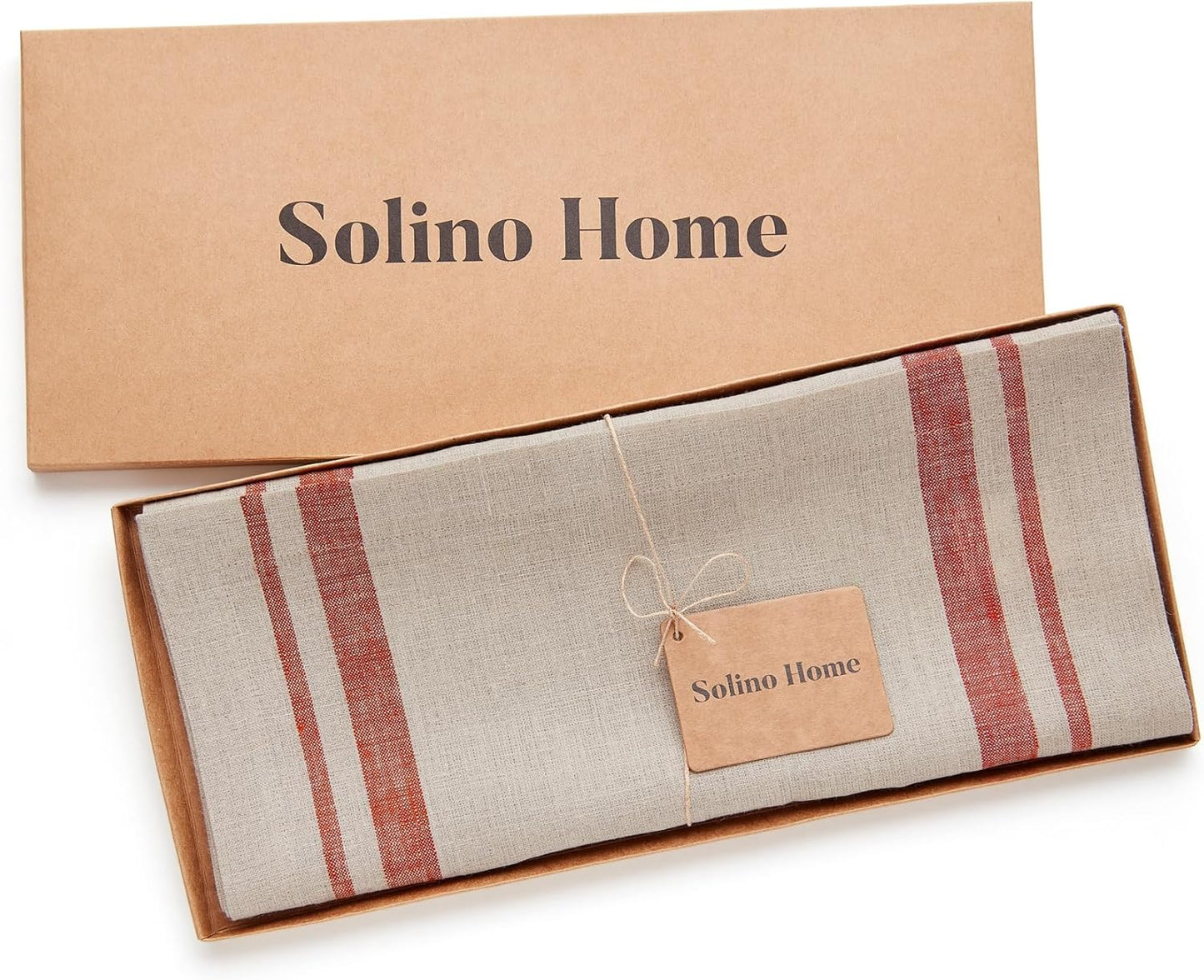 Solino Home Linen Table Runner 72 Inches Long - 100% Pure Linen Red and Natural French Stripe Table Runner 14 x 72 Inch for Dining, Dresser, Fall, Autumn, Halloween, Christmas, Holiday