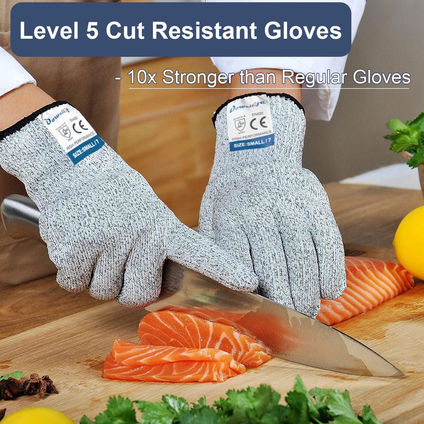 Dowellife Cut Resistant Gloves Protection, Safety Kitchen Cuts Gloves for Oyster Shucking, Fish Fillet Processing, Mandolin Slicing, Meat Cutting and Wood Carving, 1 Pair (Small)
