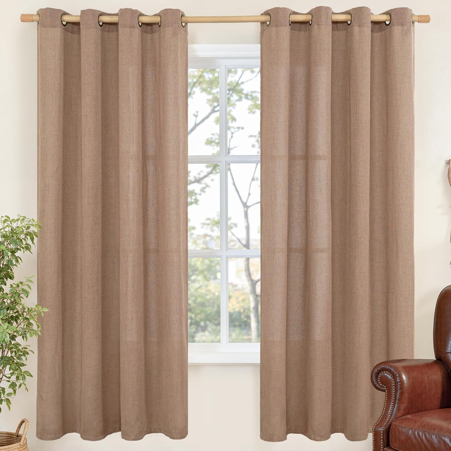 YoungsTex Linen Semi Sheer Curtains 72 Inches Length for Living Room, Mocha Light Filtering Drapes with Bronze Grommet for Bedroom Fall Decor, 2 Panels, 52 X 72 Inch