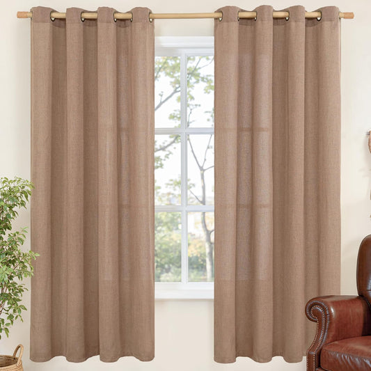 YoungsTex Linen Semi Sheer Curtains 72 Inches Length for Living Room, Mocha Light Filtering Drapes with Bronze Grommet for Bedroom Fall Decor, 2 Panels, 52 X 72 Inch