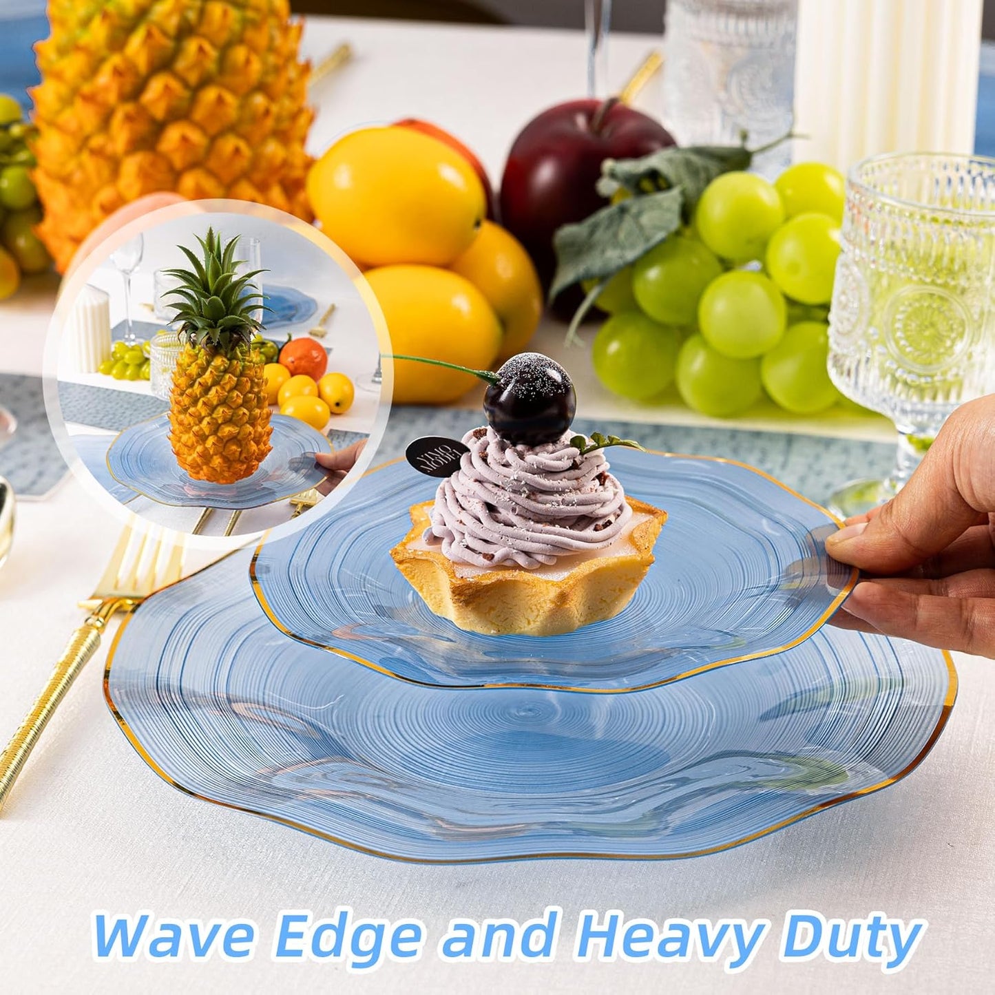 120PCS Blue Plastic Plates with Gold Rim, Heavy Duty Disposable Plates, Elegant and Fancy 60 Dinner and 60 Dessert Plates for Party and Wedding