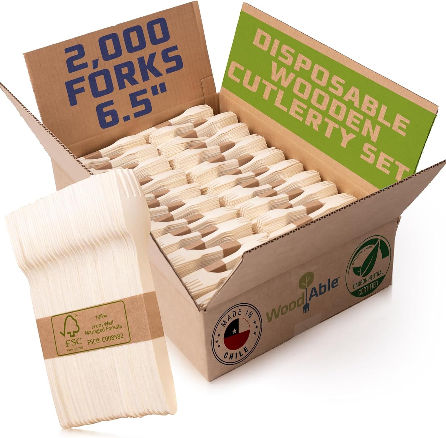 Disposable Wooden Cutlery Set - 100% Home Compostable - 2000 Forks, 6.5" Wooden Forks, Eco-Friendly, Organic, Sustainable and Carbon Neutral Certified