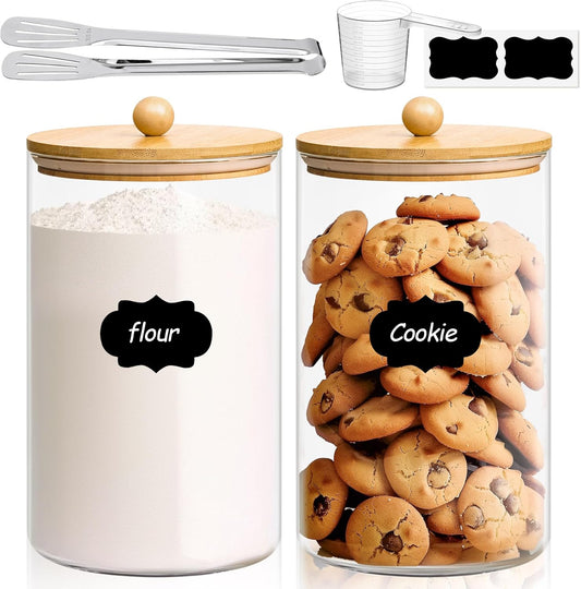 ComSaf 1 Gallon Cookie Jar, Large Glass Jar with lid, Glass Canisters with Lids Set of 2, 3.9 Qt Flour Container with Spoon and Clip, Glass Food Storage Pantry Containers for Sugar Oat Beans Pasta