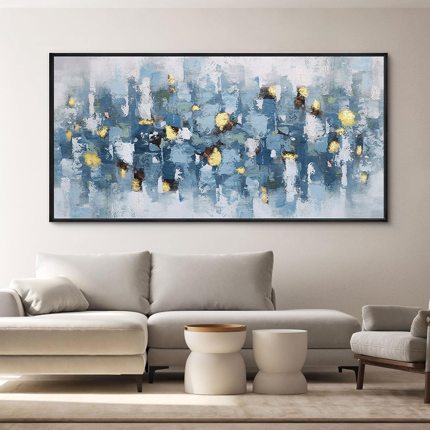 KLAKLA Blue and White Abstract Wall Art - Living Room Wall Decor Gold Picture Artwork for Walls Prints Paintings Framed Canvas Bedroom Office Guest Room Home Decoration 58x29 Inches