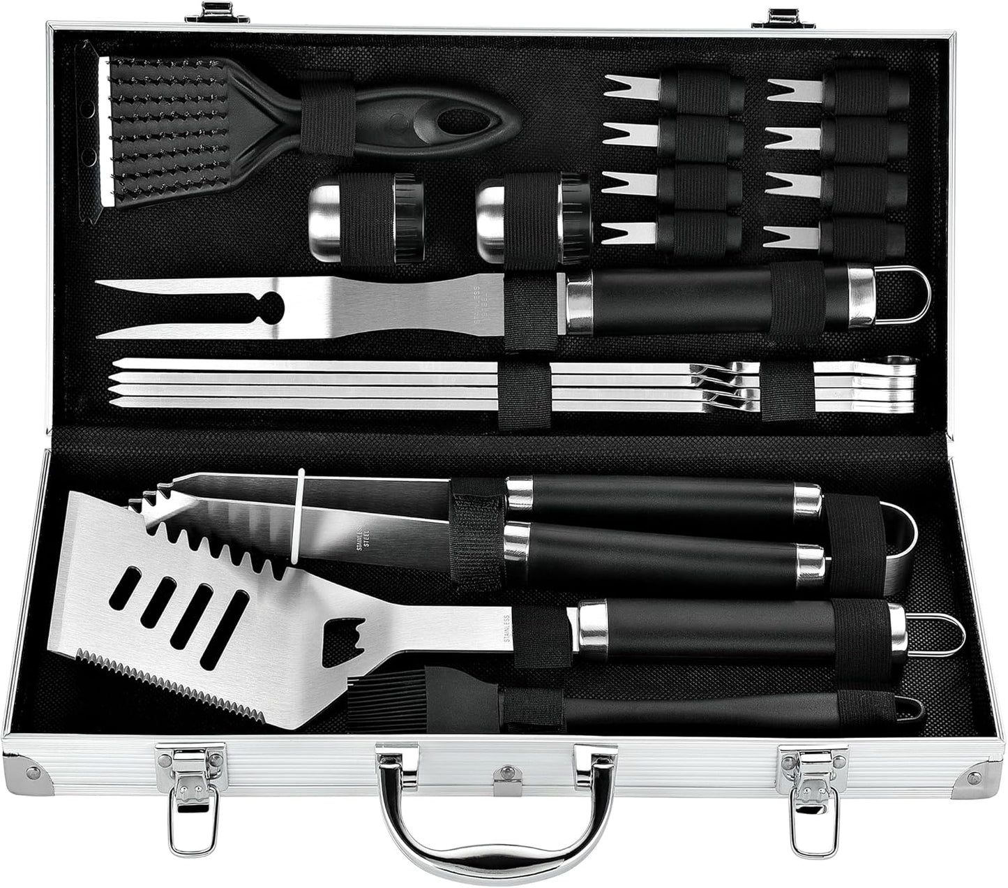 ROMANTICIST 20pcs Heavy Duty BBQ Grill Tool Set in Case - The Very Best Grill Gift for Father's Day and Christmas - Professional BBQ Accessories Set for Outdoor Cooking Camping Grilling Smoking, Black