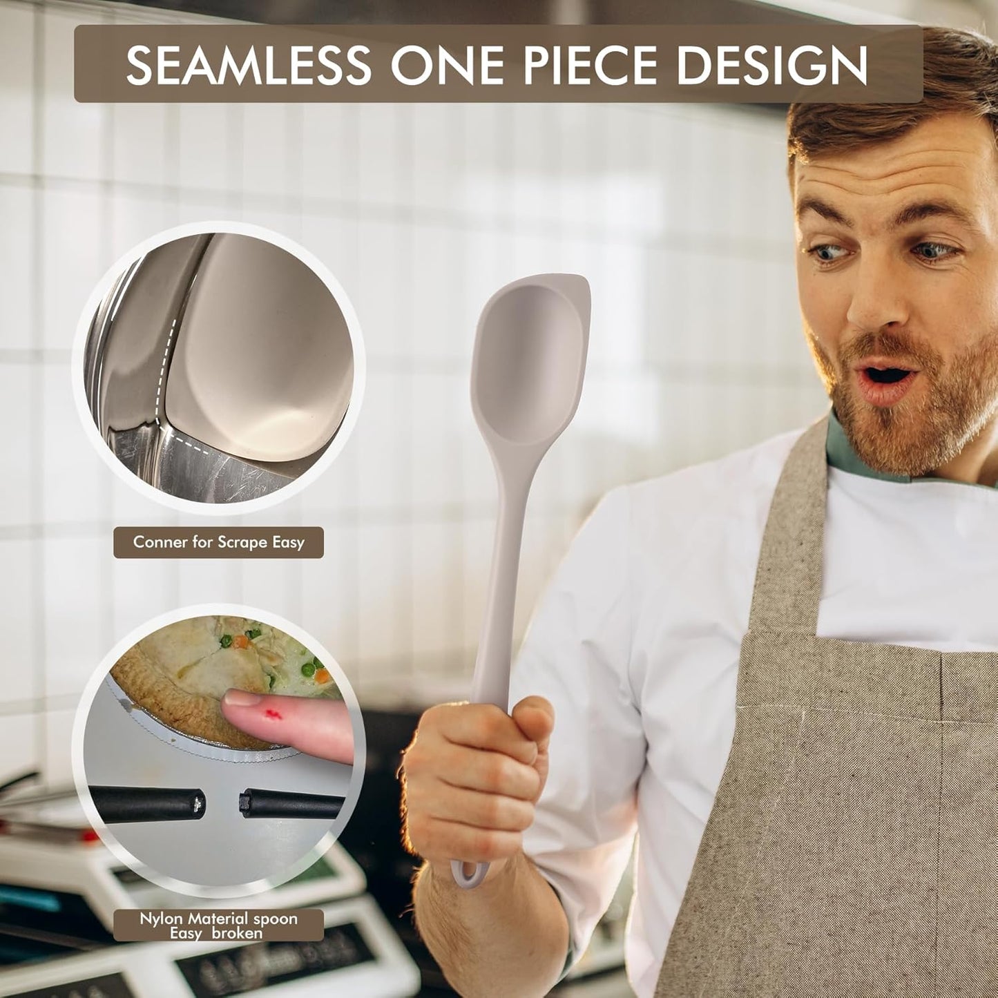 HOTEC Heat Resistant Silicone Cooking Spoon Spatula, Large Kitchen Solid and Slotted Spoons for Mixing, Serving, Scraping, Non-stick, Dishwasher Safe Khaki 12.5inch