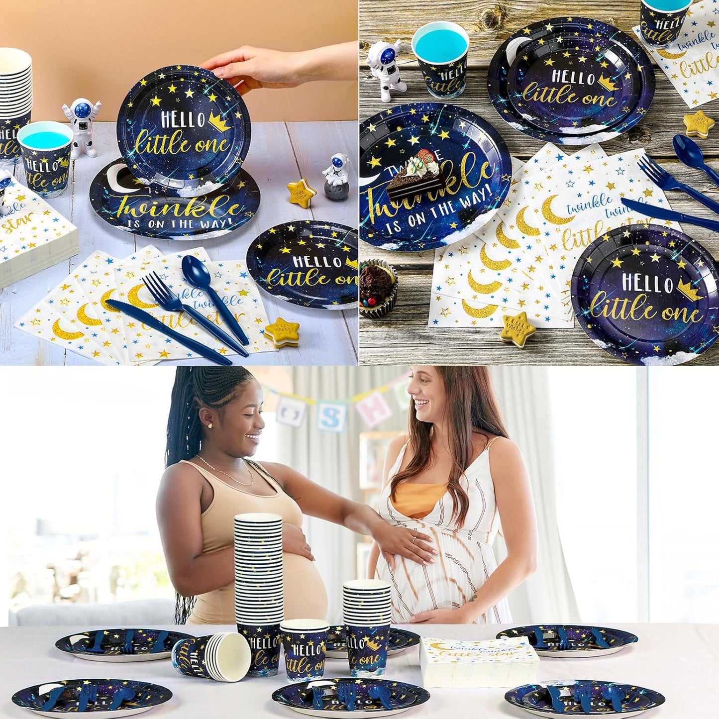 Dandat 350 Pcs Baby Shower Plates Set Baby Shower Party Supplies Serves 50 Tableware Sets Include Plates Napkin Cup Forks Knives Spoons Disposable Dinnerware(Twinkle Twinkle Little Star,Navy blue)
