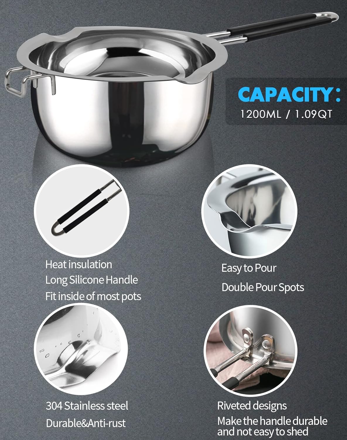Double Boiler Pot Set,1200ML Double Boiler for Chocolate Melting, 2800ML 304 Stainless Steel Pot With Silicone Spatula for Melting Chocolate, Candy, Candle, Soap, Wax