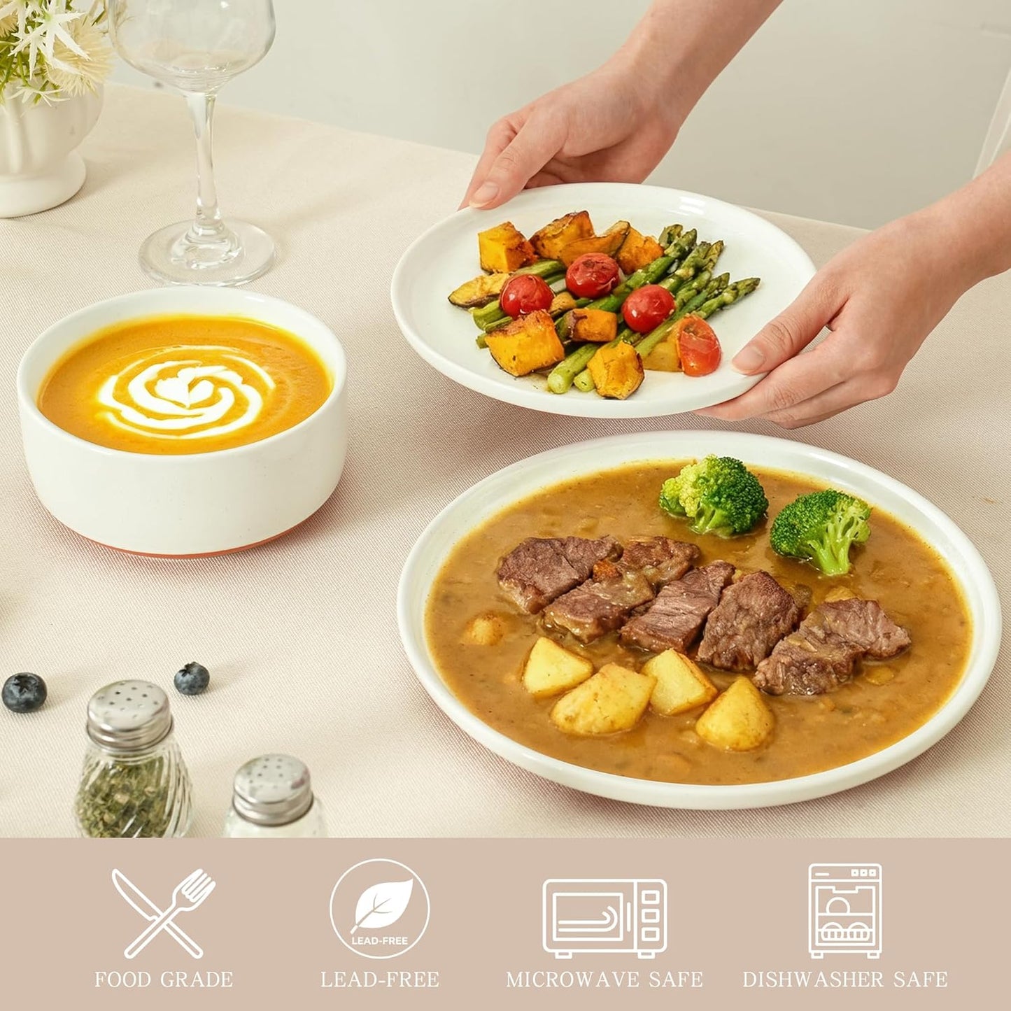 Stoneware Dinner Plates Set of 4, 10.25 Inch Plates for Steak, Pasta, Ceramic Plates Sets, Microwave Safe, Dishwasher Safe, Versatile for All Seasons, Stardust Glaze White