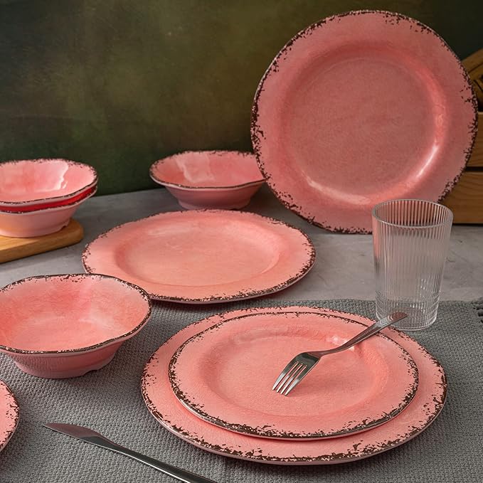 LEHAHA Melamine Dinnerware Sets, Farmhouse Dinnerware Set, Camping Dishes Set, BPA free and Lightweight, Durable Outdoor Plates and Bowls Set, Service for 4 (12 piece), (Pink)