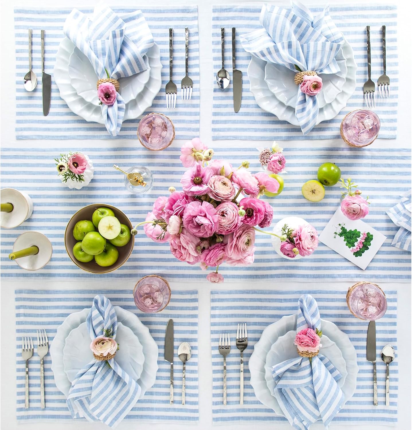 Solino Home Linen Table Runner 48 Inches - Amalfi Stripe 100% Pure Linen Sky Blue and White Table Runner 14 x 48 Inch Ideal for Dresser and Coffee Tables - Christmas, Holiday