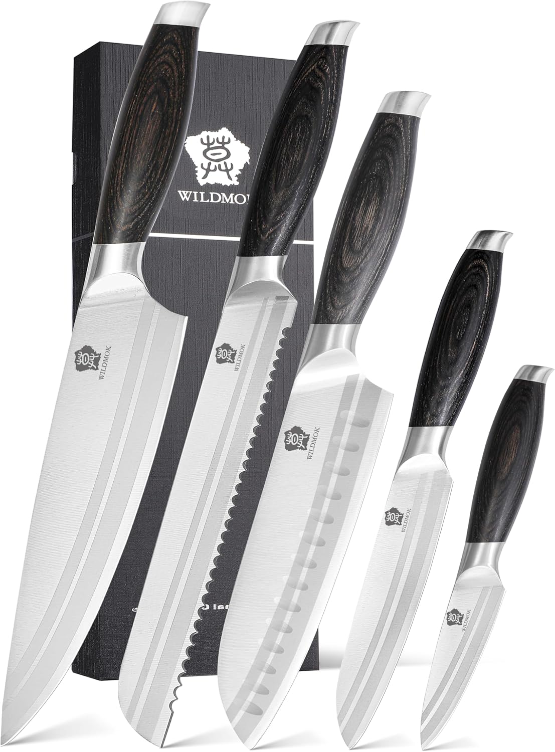 WILDMOK Professional Knife Set, 5 Pieces Kitchen Knife Set, German Stainless Steel Chef Knife Set withGift Box, Black Pakkawood Handle