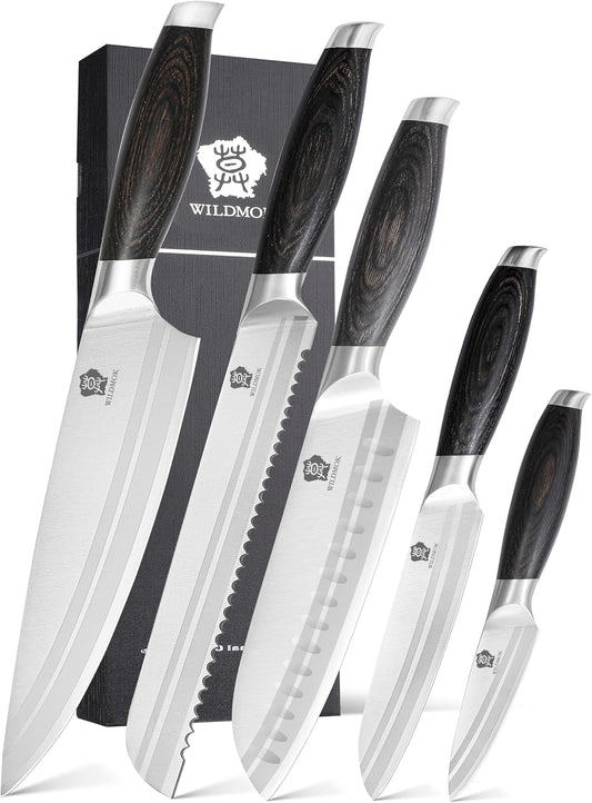 WILDMOK Professional Knife Set, 5 Pieces Kitchen Knife Set, German Stainless Steel Chef Knife Set withGift Box, Black Pakkawood Handle