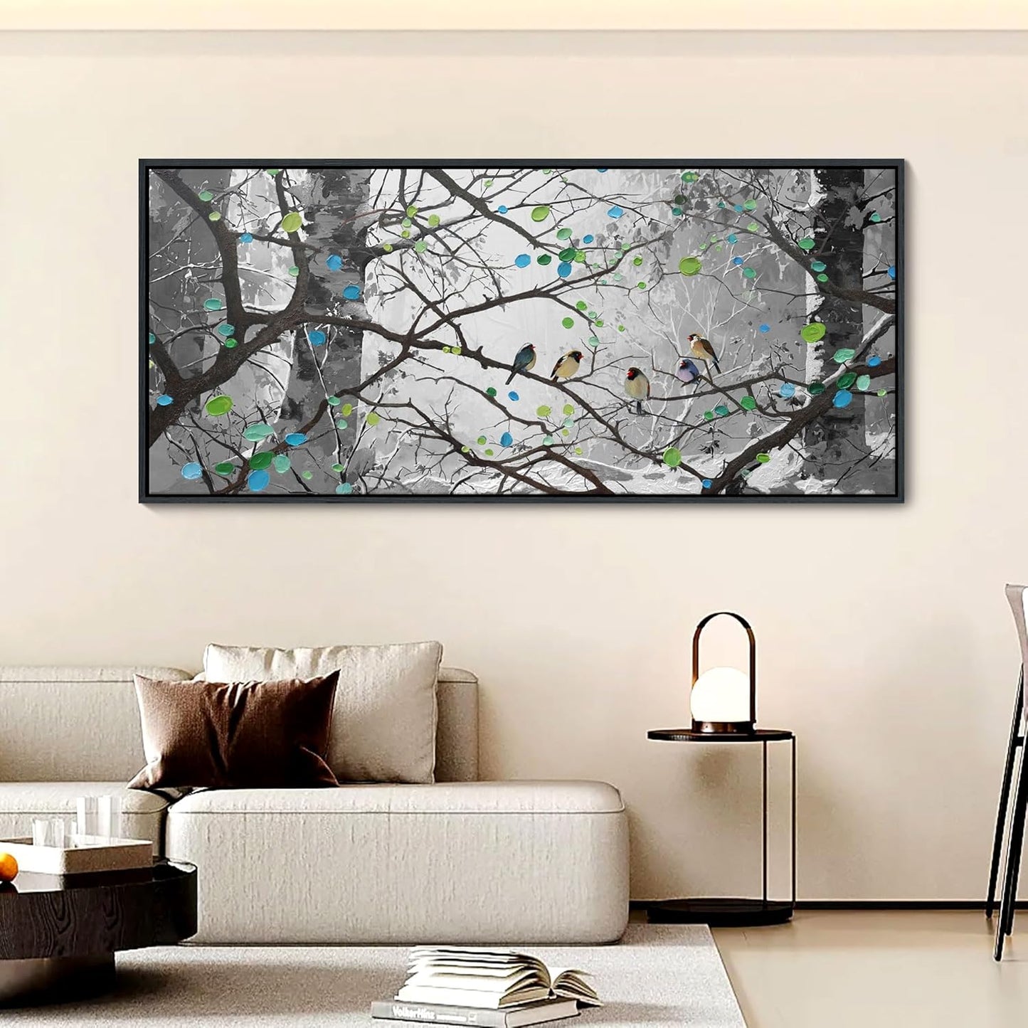 YCPRIMER Extra Large Grey Wall Art Bird on Branch Misty Forest Canvas Artwork Modern Framed Canvas Painting Decorative Home Decor Easy Be Hung Directly Dining Room Living Room Bedroom Office Size 70x31 Inches